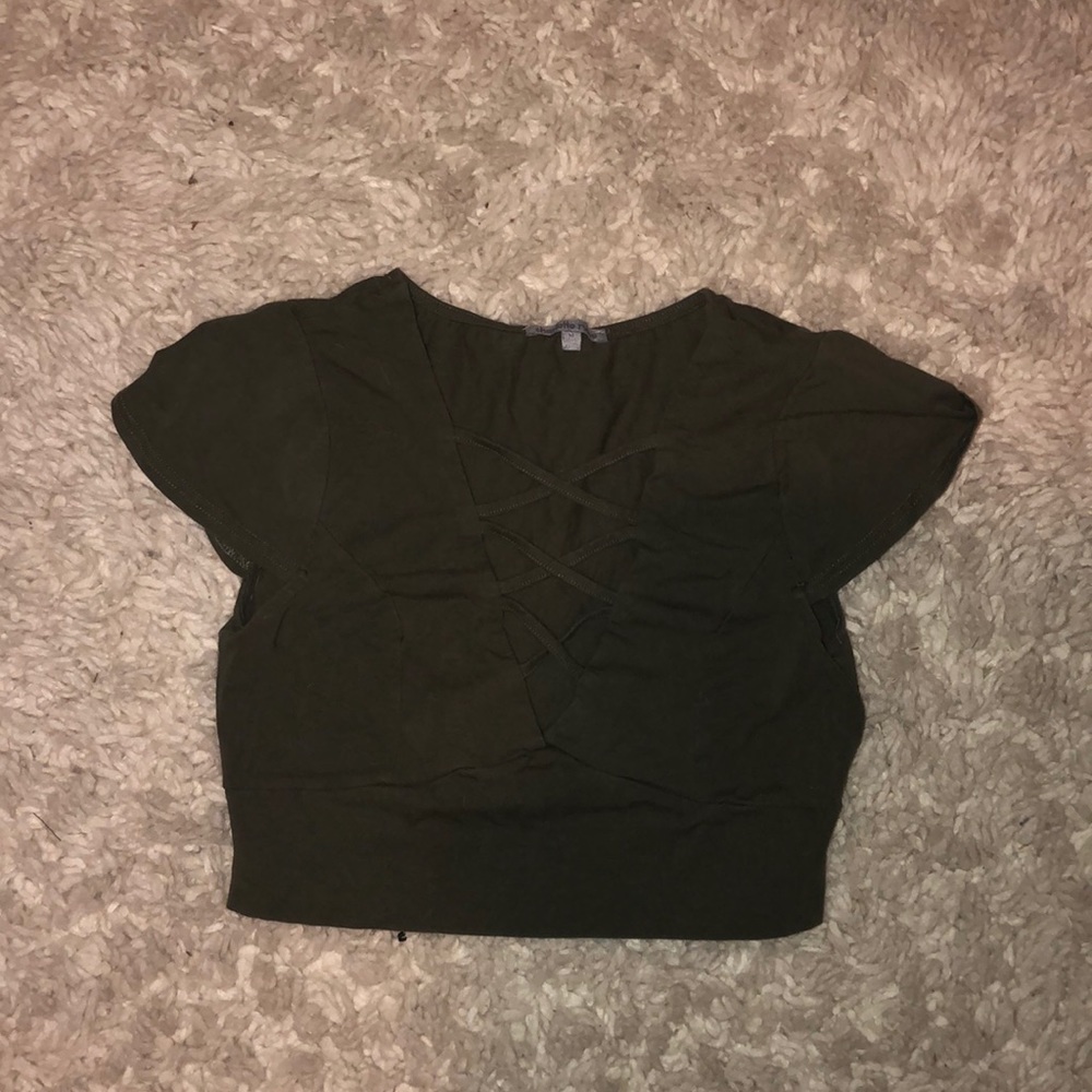 Very cropped army green lace down shirt
